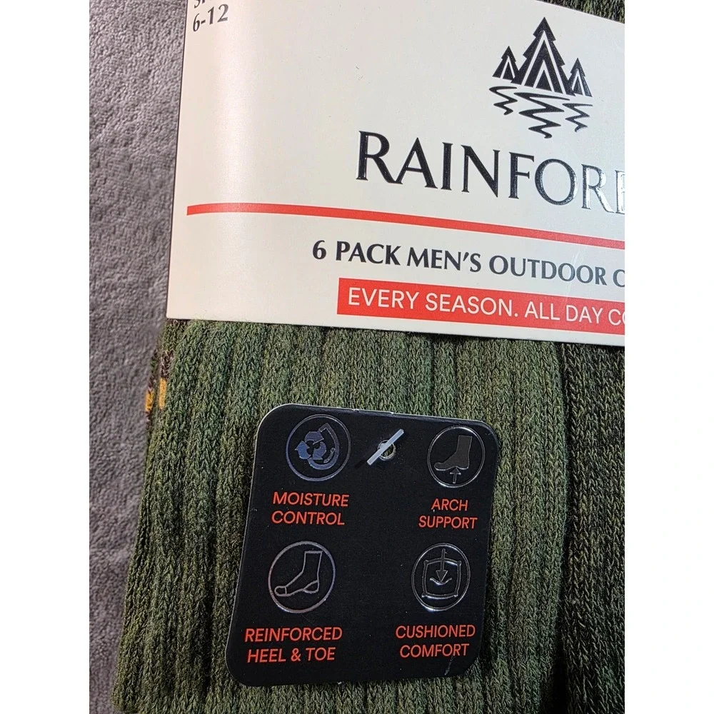 Rainforest Outdoor Crew Socks Men 6-12 Green 6 Pack Moisture Arch Support New